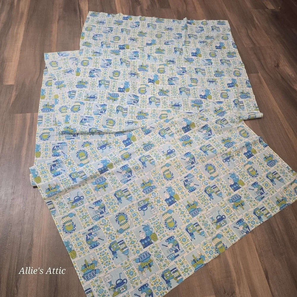 Vintage Sewing Fabric Kitchen Coffee Tea Floral 70s Blue Green 4+yd Cotton